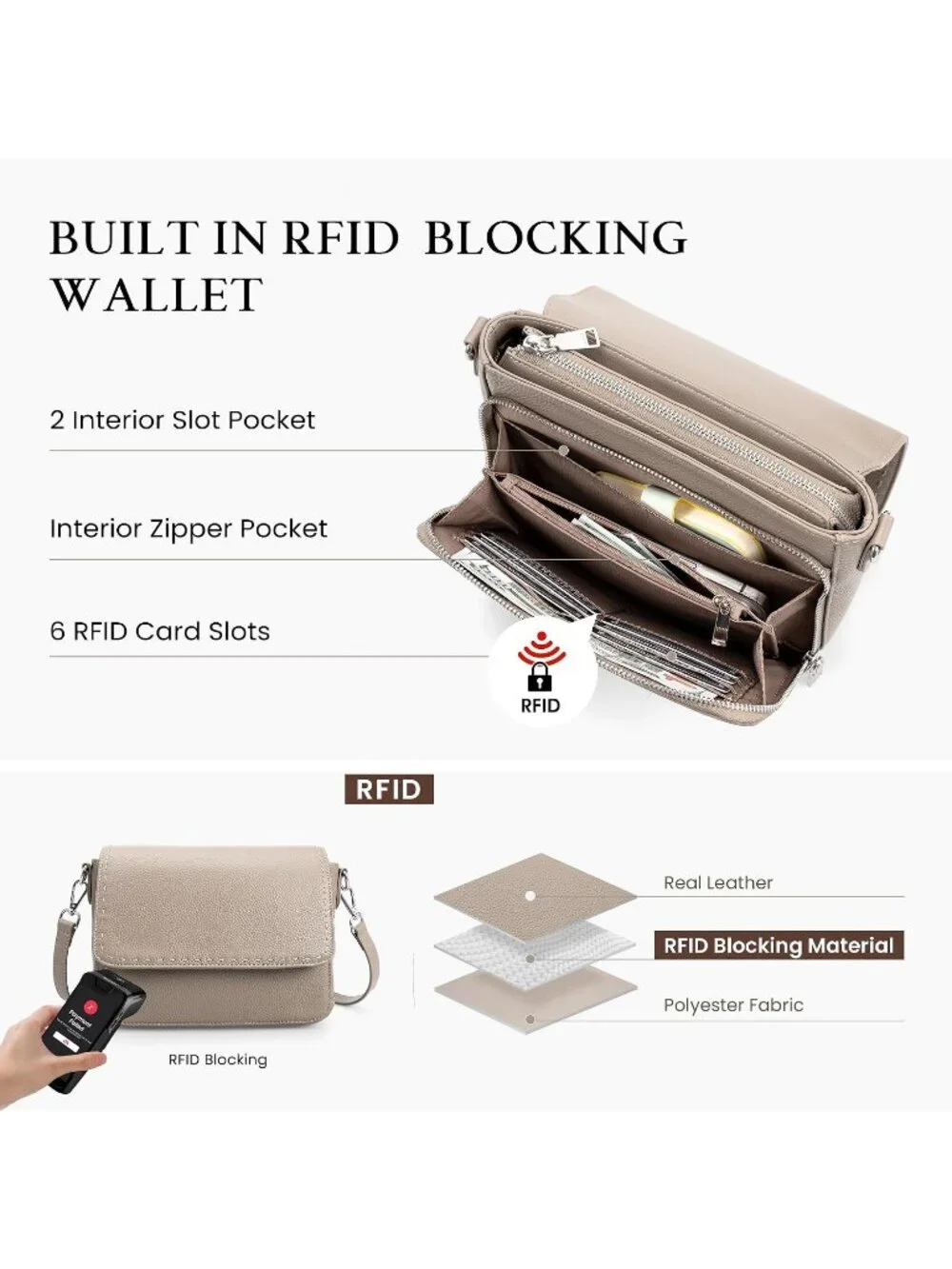 Women's Taupe Genuine Leather Medium Purse Wallet Travel Crossbody Bag